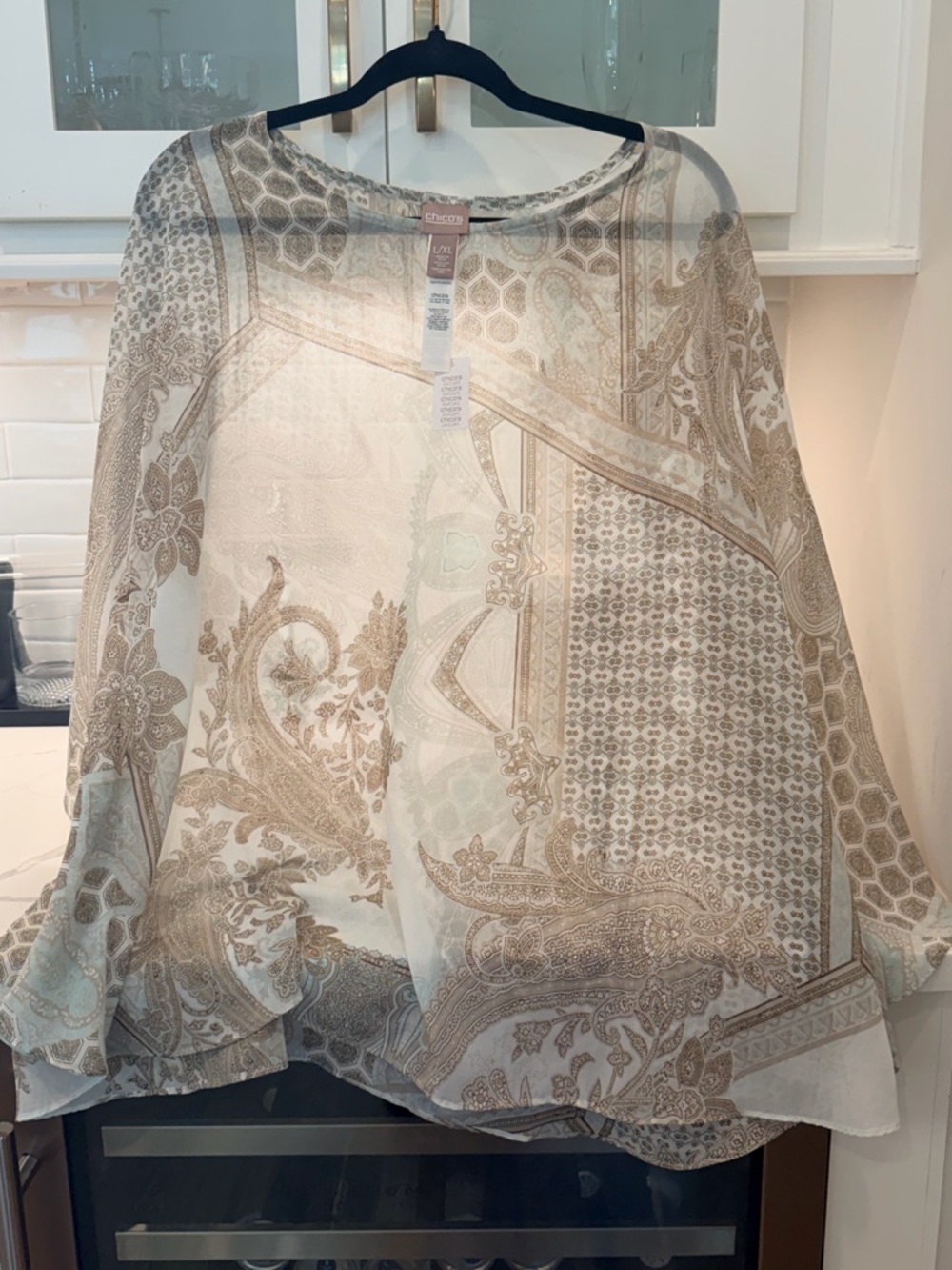 Chico's Sheer Paisley Shawl in Soft Taupe and Mint Green